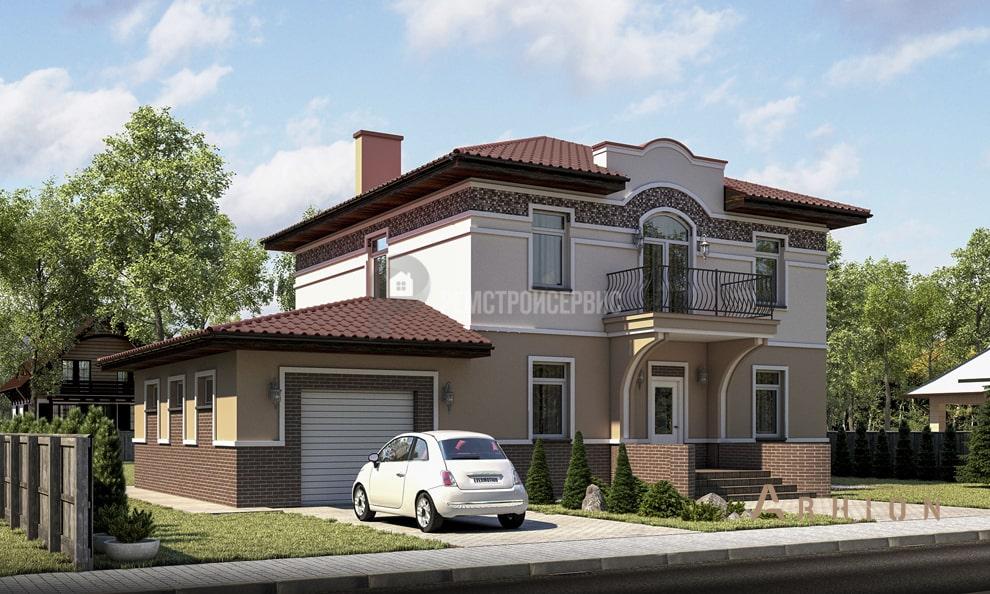 3. Проект двухэтажного дома в немецком стиле с четырехскатной, t-48-01, площадью - 205 кв c терассой, балконом, гаражом